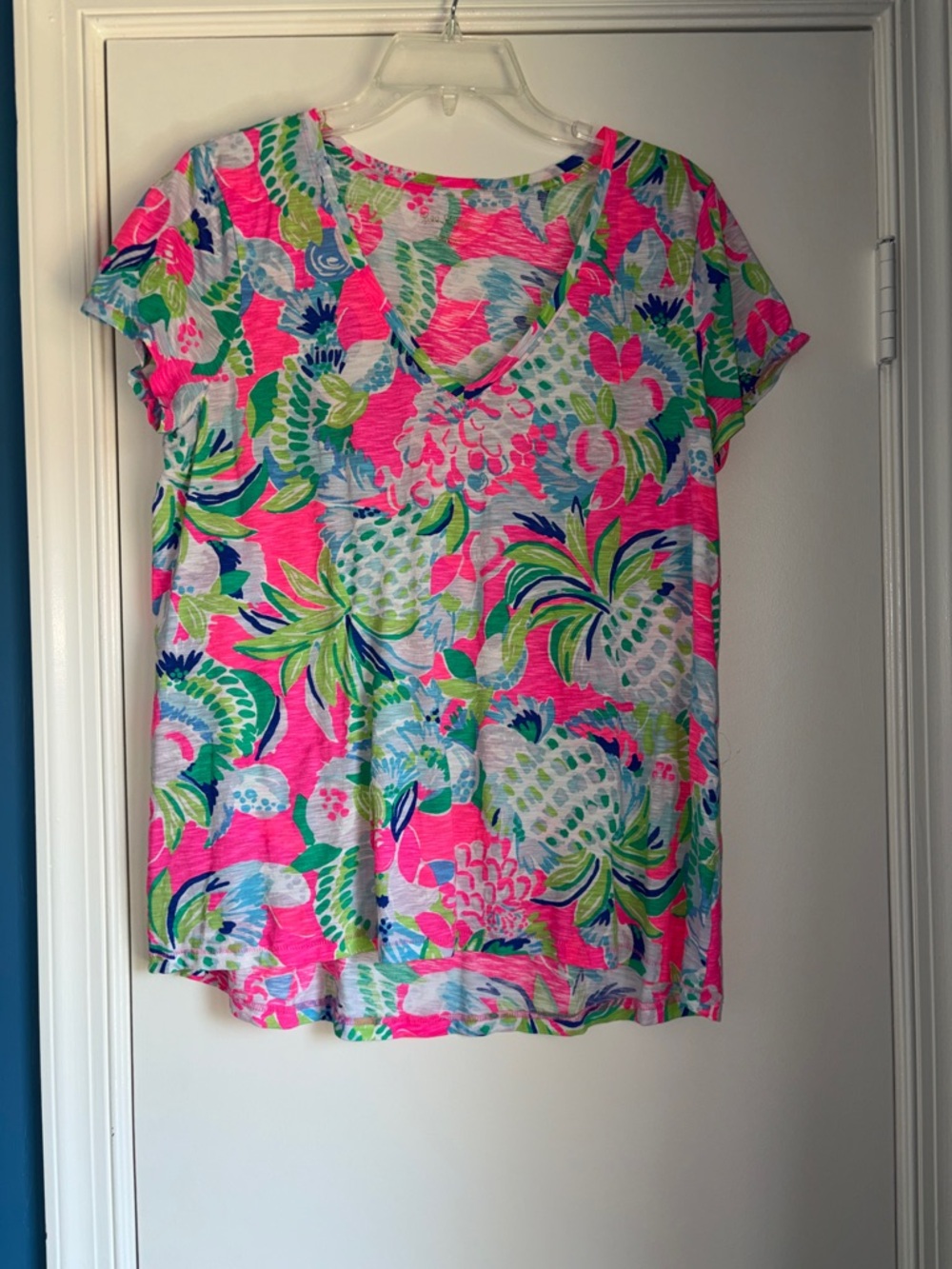 Lilly Pulitzer Etta V-neck Pink, Green, Blue Tropical Floral Tee